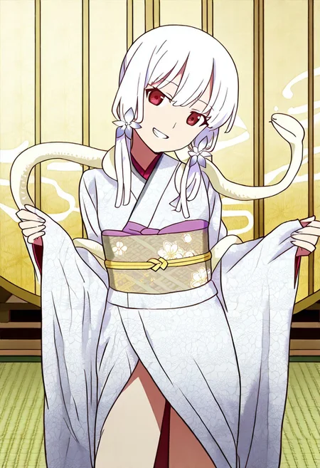 Smooth Quality - Illustrious, sfw,
anime, illustration, nadeko, red eyes,medium hair,white hair,snake hair,albino,
<lora:NSFWFilter_illusXL_Incrs_v1:-1>
<lora:Snake_on_Shoulders:0.8> sn4k3, snake on shoulders, large snake, white snake,
1girl, solo, standing, cowboy shot, alluring pose,
japanese clothes, white kimono, furisode, floral print,
looking at viewer, head tilt, beautiful smile, grin,
golden folding screen, zabuton, tatami,