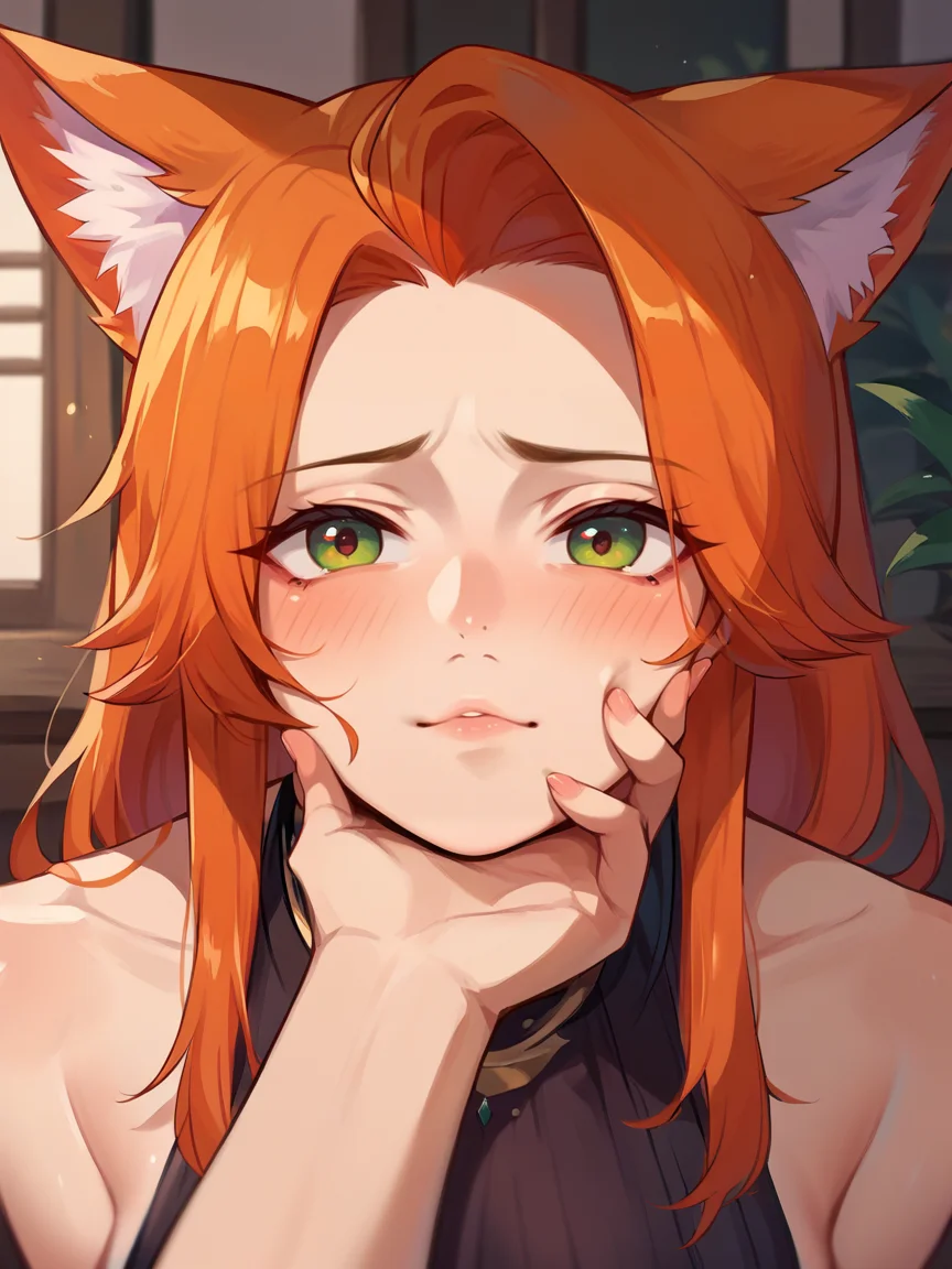 score_9, score_8_up, score_7_up, score_6_up, score_5_up, <lora:gr4bch1nXLP:1> pov, gr4bch1n, grabbing anothers chin, hand on another's chin, fox ears, 1girl, closed mouth, blush, ginger