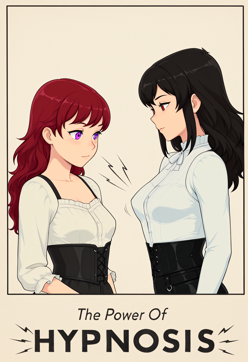 masterpiece, best quality, amazing quality, english text, text:"the power of hypnosis", western comic (style), 2girls, casual clothes, lagre breasts, small breasts, looking at another breasts, <lora:the_power_of_hypnosis_meme:1>