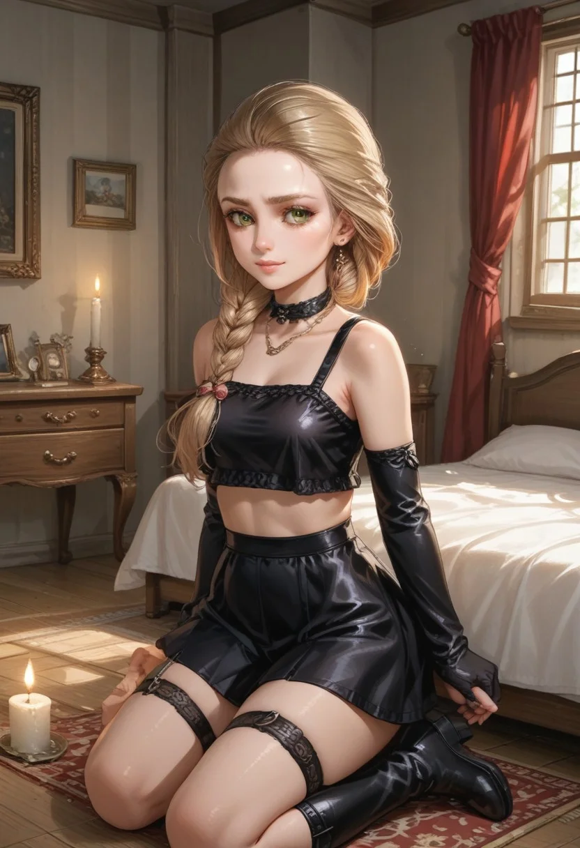 score_9, score_8_up, score_7_up, score_6_up, source_anime,
1girl, 21+ years olD, solo
Necklace, earrings, Smile,
katyawaifu, solo, braid, single braid, , jewelry, earrings, hair ornament,
medieval_brothel, (dim light:1.4), bedroom, canopy bed, wooden floor, wooden wall, candle, night, red curtains, carpet, window,
choker, , skirt, , thighthighs, boots, garter straps, leather, latex, black footwear, midriff, black skirt, lace up top, latex crop top, pleated skirt, elbow gloves,
Side view, view legs,
Cowboy shot
Dynamic angle, dutch angle
easynegative
BadDream
bad anatomy
bad hands
bad feet