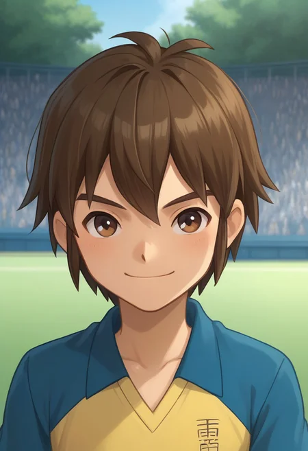 score_9, score_8_up, score_7_up, source_anime, highly detailed,
handa, 1boy, male focus, solo, brown hair, hair between eyes, brown eyes, sportwear, raimon, soccer uniform, raimon soccer uniform, shirt, raglan sleeves, blue shirt, yellow shirt, short sleeves, smile,
outdoor,