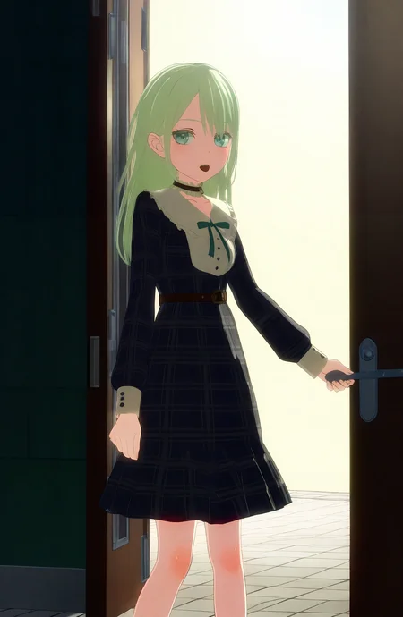 1girl, solo, long_hair, looking_at_viewer, open_mouth, long_sleeves, dress, standing, green_hair, choker, plaid, door