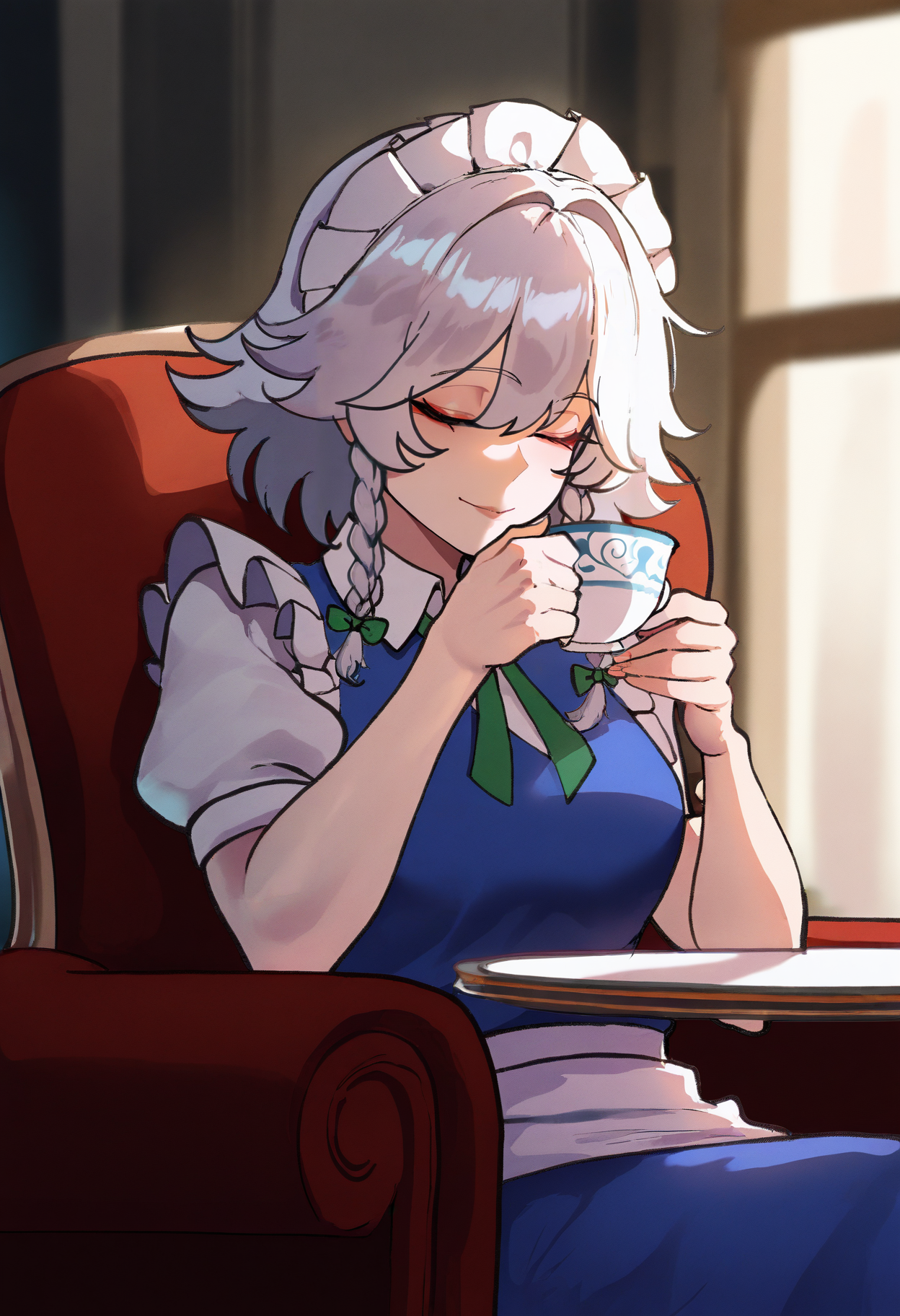 1girl,solo,izayoi sakuya,<lora:nyantcha nai 3.0:1>,th1ccw1thaq style,light smile,closed eyes,sitting,on armchair,drinking,teacup,masterpiece,best quality,(newest:1.1),highres,depth of field,table,indoors,