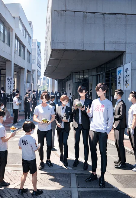masterpiece, best quality, very aesthetic, absurdres,
osakageidai, multiple boys, black pants, shirt, pants, white shirt, building, outdoors, brown hair, short hair, shoes, black hair, black footwear, holding, standing, 6+boys, day, jacket
<lora:osaka_geidai_SDXL_V1:1>