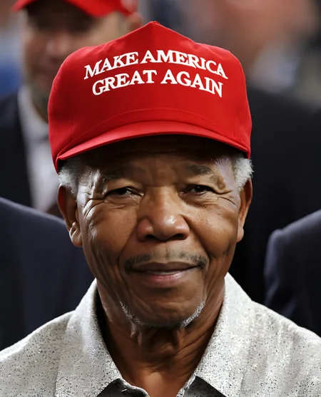 man wearing red maga hat. centered. Nelson Mandela. looking at viewer. text "make america great again". epic. highres. detailed. realistic. hat focus. best quality. masterpiece.([:hat with text "make america great again":0.25]:1.1). <lora:maga_hat_optimized:1>