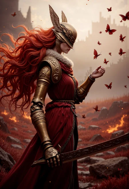 A fierce and breathtaking scene of MaleniaNorm, the legendary female warrior, poised in the midst of battle. She stands confidently, her slender figure clad in intricately detailed golden and crimson armor, covered in elegant, thorn-like motifs. Her long, fiery red hair flows wildly around her, partially obscuring her porcelain face and cold, determined eyes. In her right hand, she holds her iconic prosthetic arm wielding a massive, rune-etched katana, dripping with blood from recent combat. Scarlet blossoms swirl around her, floating in the air like ghostly petals, adding a haunting beauty to the scene. The background is a war-torn battlefield, shrouded in a mist of blood-red flowers and glowing embers, with remnants of fallen warriors scattered around. The atmosphere is charged with a sense of dread and grace, capturing Malenia’s deadly elegance and the unyielding strength of one of the most formidable foes in the Lands Between. (maximum ultra high definition image quality and rendering:3), maximum image detail, maximum realistic render, (((ultra realist style))), realist side lighting, , 8K high definition, realist soft lighting, (amazing special effect:3.5) <lora:FluxMaleniaNorm:1>