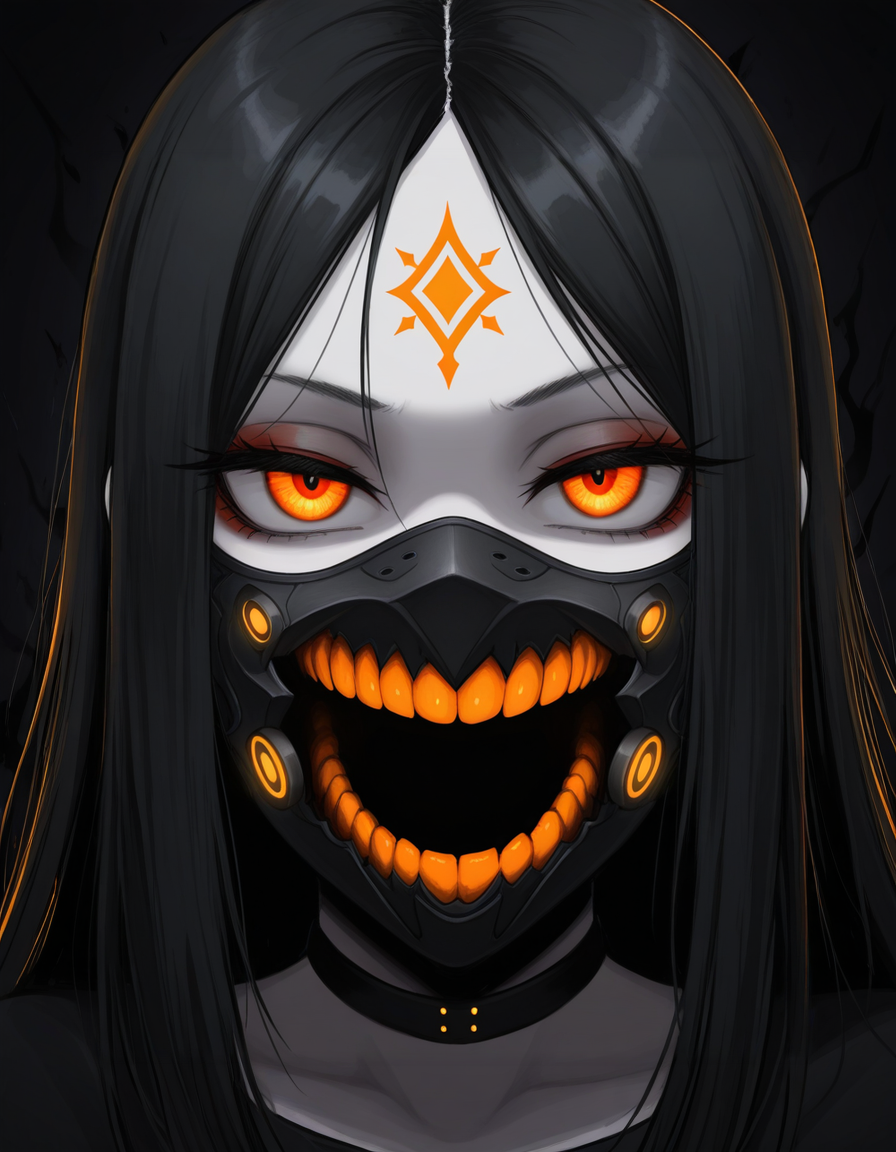 (masterpiece, best quality, ultra-detailed, absurdres, newest, detailed textures, correct anatomy:1), 1girl, dark fantasy, close-up, sinister expression, glowing orange eyes, detailed mouth mask, eerie atmosphere, black and grey color palette, high contrast lighting, dark background, intense gaze, menacing presence, dramatic shadows, horror \(theme\), intricate design, realistic textures, unsettling mood, dramatic lighting, eerie glow, haunting, detailed facial features, atmospheric, gothic aesthetic, half-closed eyes, forehead mark, eyeliner, makeup, eyelashes, pale skin, <lora:contingency:0.25>, c0nt1ng3nc1, <lora:momomoIL-style:0.25>, momomostyle, <lora:dskp_v8manga_wai_replicate:0.25>, dskp, uncensored, <lora:Urakan:0.25>, 0r4k4n