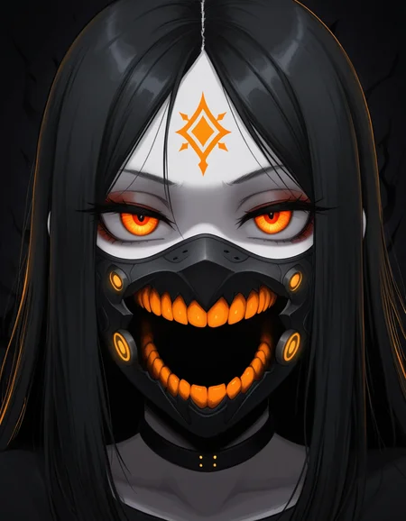 (masterpiece, best quality, ultra-detailed, absurdres, newest, detailed textures, correct anatomy:1), 1girl, dark fantasy, close-up, sinister expression, glowing orange eyes, detailed mouth mask, eerie atmosphere, black and grey color palette, high contrast lighting, dark background, intense gaze, menacing presence, dramatic shadows, horror \(theme\), intricate design, realistic textures, unsettling mood, dramatic lighting, eerie glow, haunting, detailed facial features, atmospheric, gothic aesthetic, half-closed eyes, forehead mark, eyeliner, makeup, eyelashes, pale skin, <lora:contingency:0.25>, c0nt1ng3nc1, <lora:momomoIL-style:0.25>, momomostyle, <lora:dskp_v8manga_wai_replicate:0.25>, dskp, uncensored, <lora:Urakan:0.25>, 0r4k4n