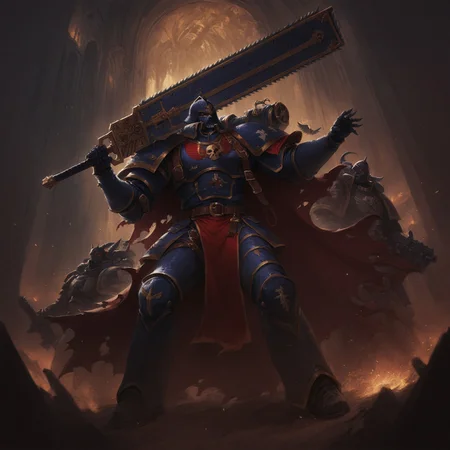 The Night Lords Warhammer 40K, by Peter gric,40kchainsword, epiCPhoto, BadDream , midnight blue armor, helmet, full view of body, BadDream, 40kchainsword, gothic architecture, background, extremely detailed, absurdres, masterpiece, cel shading,
BREAK
Anime Illustration, full body, He is holding a 40kchainsword , cross detailing, tabard, torn cape, panoply
<lora:Astartes:0.8> <lora:Bad_Hands_lora:0.8> <lora:Chainsword_-_Warhammer_40000_SDXL:0.4> <lora:add-detail-xl:1> <lora:sinfully_stylish_SDKL:1> <lora:Expressive_H:1>