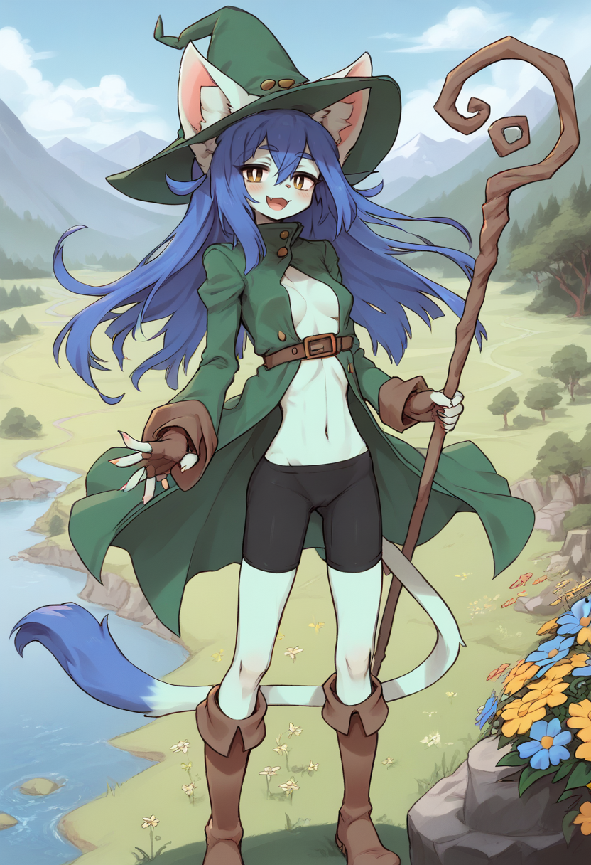 score_9, score_8_up, score_7_up, score_6_up,
Amboina, catgirl, anthro, blue fur, blue hair,  long hair, yellow eyes, white pupils, half closed eyes, pink nose, claws, blush,tail, animal ears,
green jacket witch_hat, open jacket, bike shorts, brown fingerless_gloves, brown boots,
staff,
smile, happy, open mouth, looking at viewer, legs apart, standing, butterfly,  trees,
mountain trail, valley view, river,  flowers, ((wind blowing hair):1.2),  wind, rocks, grass,
<lora:Amboina_v2:1>