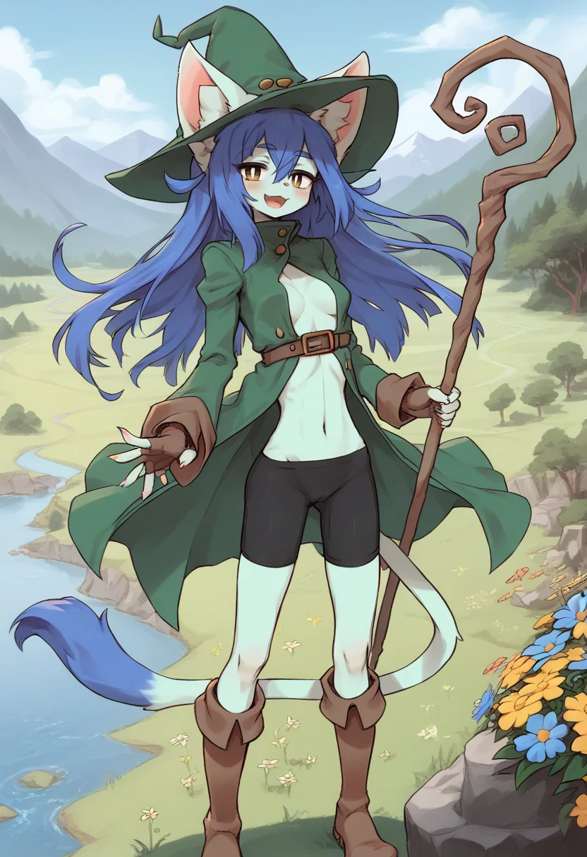 score_9, score_8_up, score_7_up, score_6_up,
Amboina, catgirl, anthro, blue fur, blue hair, long hair, yellow eyes, white pupils, half closed eyes, pink nose, claws, blush,tail, animal ears,
green jacket witch_hat, open jacket, bike shorts, brown fingerless_gloves, brown boots,
staff,
smile, happy, open mouth, looking at viewer, legs apart, standing, butterfly, trees,
mountain trail, valley view, river, flowers, ((wind blowing hair):1.2), wind, rocks, grass,
<lora:Amboina_v2:1>