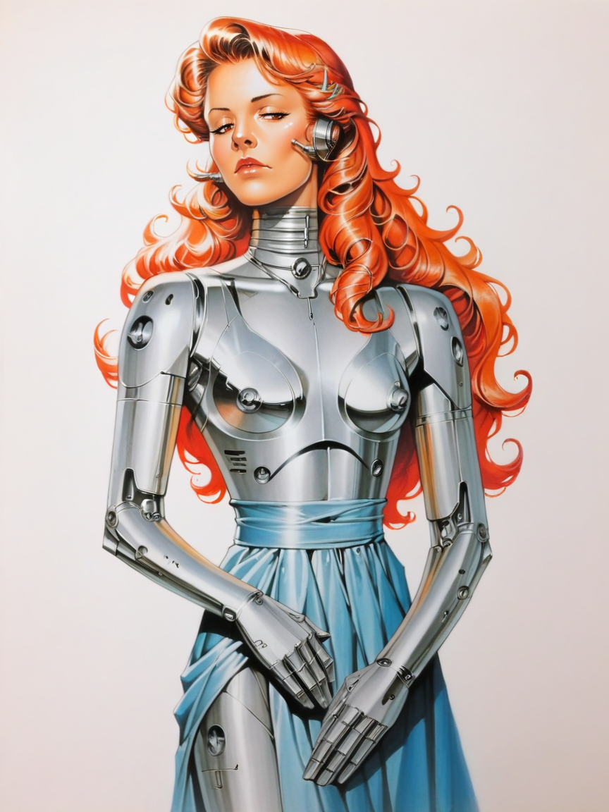 score_9, score_8_up, score_7_up, score_6_up, score_5_up, <lora:cybercoreXLP:0.8> cybercore, 1girl, science fiction, bodysuit, traditional media, retro artstyle, long hair, dress