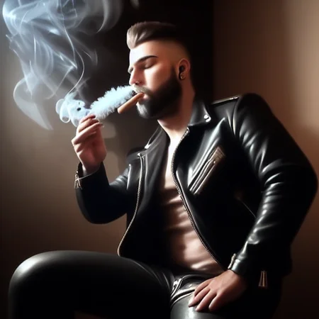 young man, short hair, leather clothing, smoking, cigar, exhale