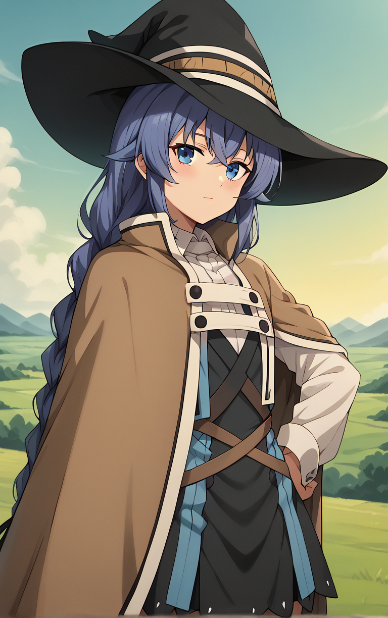 score_9, score_8_up, score_7_up, BREAK
MainOutfit_RoxyMigurdia_ownwaifu, 
1girl, blue eyes, blue hair, mage staff, roxy migurdia, wizard hat, long hair, witch hat, hair between eyes, black headwear, braid, brown cape, crossed bangs, twin braids, bangs, long sleeves, white shirt, collared shirt, dress, capelet, shirt, cloak, black skirt, brown capelet,
(contrapposto, hand on hip), sunset, sidelighting, cityscape, vanishing point, outdoors, <lora:PONYXL_MushokuTensei_RoxyMigurdia_ownwaifu:1> , depth of field, solo,