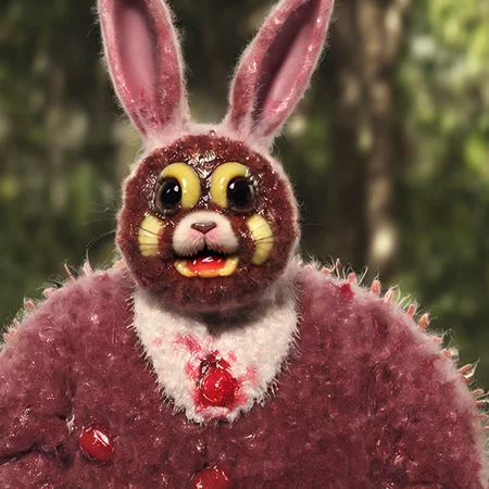 masterpiece, (horrific:1.3), (nonhuman:1.2) (monsters:1.4) (easter bunny rabbit:1.4), (Trypophobia:1.3), (oozing:1.2), (glistening:1.3), (gore:1.3), (wounds:1.3), (rotting:1.3), (decaying:1.3), (maggots:1.2), (kawaii:1.3), (studio ghibli:0.9), mischievous, cheeky, (Smiling Ecstatically:1.1), (dark bloody lipstick:1.3), (big luscious kissable lips:1.3), (multiple rows of tiny sharp needle teeth:1.4), (small tiny flatter breasts:1.4), sexy, sweet, (chunky:0.8), (pregnant:0.9), (psychedelic:0.9), (fur is covered in maggots and rotting decaying flesh:1.3), (background is an amusement park:1.3), ominous, creepy, disturbing, eerie, by Wes Craven, by David Cronenberg, 4k, 8k, uhd, ultrarealistic, ridiculously high resolution, HDR