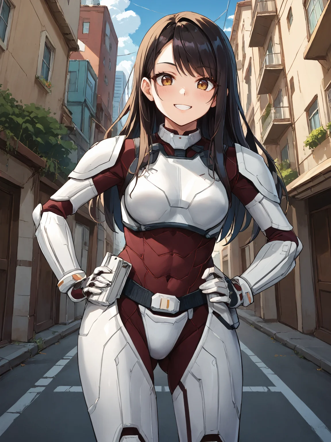 score_9, score_8_up, score_7_up, <lora:offset_0.2:0.1>, <lora:spo_sdxl_10ep_4k-data_lora_webui:1>, BREAK,
1girl, solo, source_anime, BREAK,
terraformarsmoviebodysuit, armored bodysuit, black bodysuit, white armor, boobplate, shoulder pads, wrist guards, black gloves, white gloves, utility belt, belt pouch, hip armor, crotch plate, thigh armor, <lora:Terraformars:1>, BREAK,
black hair, swept bangs, long hair, brown eyes, medium breasts, BREAK,
smile, blush, looking at viewer, BREAK,
(hands on own hips:1.2), (ass visible through thighs:1.2), (straight-on, facing viewer:1.5), standing, BREAK,
cowboy shot, outdoors, (city:1.2), (skyscraper:1.2), street, (day, blue sky:1.2)