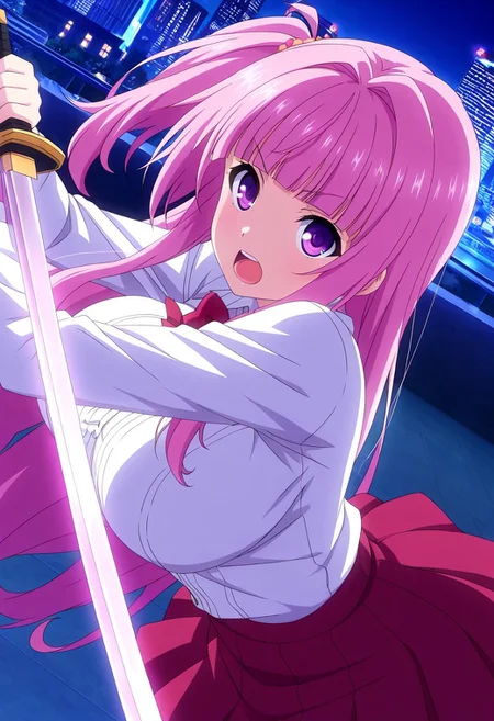 general,highres, ultra-detailed,very aesthetic,best quality ,best hands,best eyes,easynegative,
dynamic angle, dutch angle, anime cloring,anime screencap,
1girl solo,looking at viewer,city,night,holding sword, fighting, open mouth,
Ai HINATA,pink_hair, very_long_hair,short side ponytail, blunt bangs, huge_breasts, purple_eyes,white shirt, red skirt,