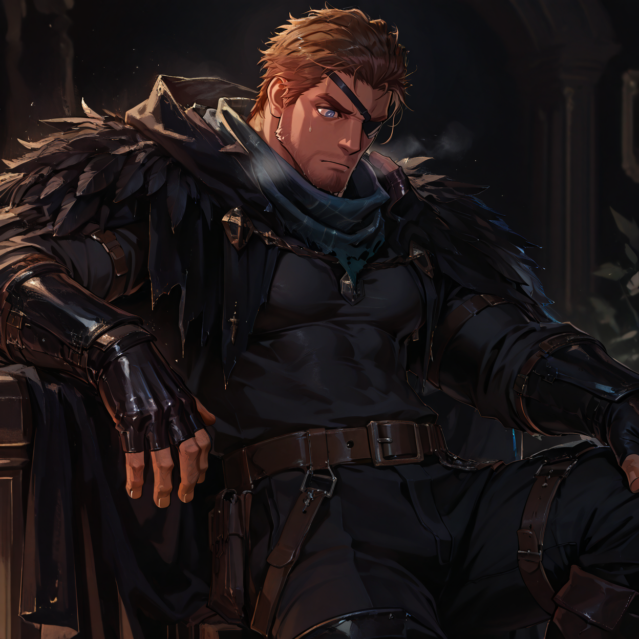 <lora:Corvus__Alchemist_Code-000003:.7>, tagatamecorvus, corvus_brunette, corvus_grey eyes, 1boy, short hair, solo, male focus, manly, bara, mature male, muscle body, scarf, handband, cloak, shirt, long sleeves, fingerless gloves, feather trim, belt, pants, boots, eyepatch
{upper body|cowboy shot}, 
(very short hair), male focus, muscular male, large pectorals, muscular male, bara, mature, (hairy body, hairy, body hair, arm hair, leg hair, hairy body, glossy skin, bara, mature, facial hair, beard, full beard, sideburn, mustache, stubble), facial hair, bara, mature, body hair, aixiwuganda_(20222192), very awa, masterpiece, best quality, absurdres, newest, perfect quality, detailed background, intricate details,<lora:slider_Body Type_alpha1.0_rank4_noxattn_last:2><lora:Anime Summer Days 2 Style SDXL_LoRA_Pony Diffusion V6 XL:.6><lora:merged:.7>, DARK, DARK BACKGROUND, LOW-KEY LIGHTING <lora:slider_cfg_scale_boost:.7><lora:Artist6p:.55>, Artist6p, Artist04p,<lora:slider_il_brightness_slider_d1:-.5><lora:slider_il_contrast_slider_d1:-.25>,<lora:slider_contract_controller_illus01_v1:.3>, <lora:addon_illustriousXLv01_stabilizer_v1.121:.5>,<lora:slider_DarkSlider1.2_alpha1.0_rank16_full_300steps:-.2><lora:Heavenly_Beauty_r1:1>, (heavenlybeauty,)<lora:slider_style_strength_controller_illus01_v1:.25>