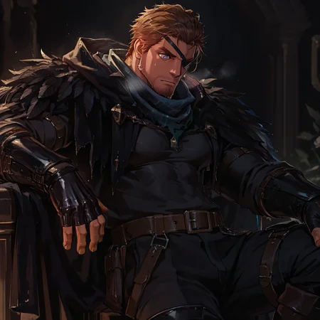 <lora:Corvus__Alchemist_Code-000003:.7>, tagatamecorvus, corvus_brunette, corvus_grey eyes, 1boy, short hair, solo, male focus, manly, bara, mature male, muscle body, scarf, handband, cloak, shirt, long sleeves, fingerless gloves, feather trim, belt, pants, boots, eyepatch
{upper body|cowboy shot}, 
(very short hair), male focus, muscular male, large pectorals, muscular male, bara, mature, (hairy body, hairy, body hair, arm hair, leg hair, hairy body, glossy skin, bara, mature, facial hair, beard, full beard, sideburn, mustache, stubble), facial hair, bara, mature, body hair, aixiwuganda_(20222192), very awa, masterpiece, best quality, absurdres, newest, perfect quality, detailed background, intricate details,<lora:slider_Body Type_alpha1.0_rank4_noxattn_last:2><lora:Anime Summer Days 2 Style SDXL_LoRA_Pony Diffusion V6 XL:.6><lora:merged:.7>, DARK, DARK BACKGROUND, LOW-KEY LIGHTING <lora:slider_cfg_scale_boost:.7><lora:Artist6p:.55>, Artist6p, Artist04p,<lora:slider_il_brightness_slider_d1:-.5><lora:slider_il_contrast_slider_d1:-.25>,<lora:slider_contract_controller_illus01_v1:.3>, <lora:addon_illustriousXLv01_stabilizer_v1.121:.5>,<lora:slider_DarkSlider1.2_alpha1.0_rank16_full_300steps:-.2><lora:Heavenly_Beauty_r1:1>, (heavenlybeauty,)<lora:slider_style_strength_controller_illus01_v1:.25>