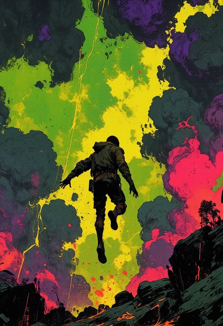 ((A highly stylized digital artwork (in the style of cksc:1.3), dramatic, artistic brilliance, masterpiece)) featuring a high contrast, toxic color palette. The image centers around a black silhouette of a figure in mid-leap, positioned slightly off-center to the left. Their arms are outstretched, legs bent, and the dynamic pose suggests a sense of swift motion and energy. The figure is set against an intense, swirling backdrop of neon greens, deep purples, electric pinks, and radioactive yellows—colors clashing and blending in toxic waves that form a chaotic whirlpool effect. These saturated, high-contrast hues dominate the composition, their sharp vibrancy heightening the energetic tension in the artwork. The blending of the glowing, neon colors creates a sense of dangerous, raw energy that contrasts starkly against the dark silhouette of the figure. Fluid, expressive lines and dynamic brushstrokes add depth and motion to the composition, emphasizing the violent force of the toxic, otherworldly colors. The overall style is bold, modern, and abstract, filled with high-energy drama and intensity.