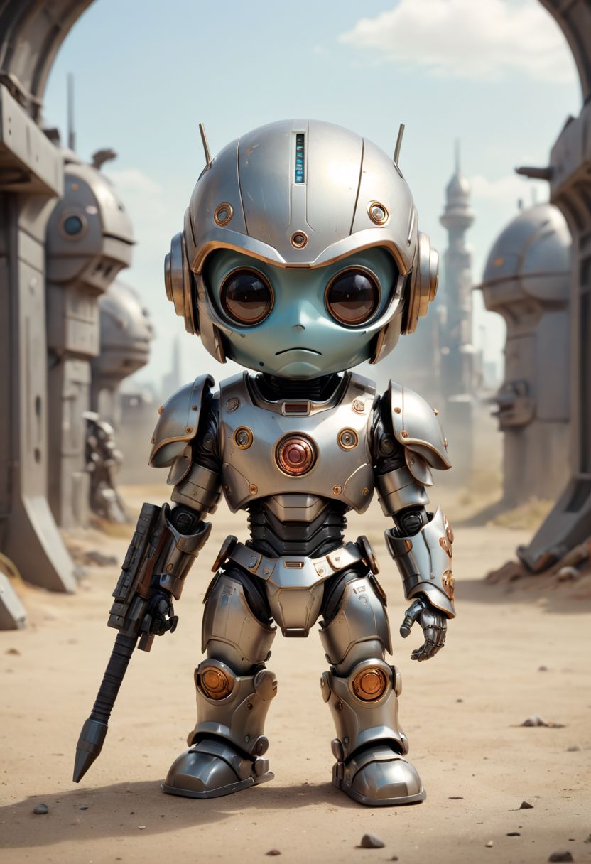 Cute little happy miniature chibi futuristic robot with big comically weapon , wearing armor and plated armor, holding weapon