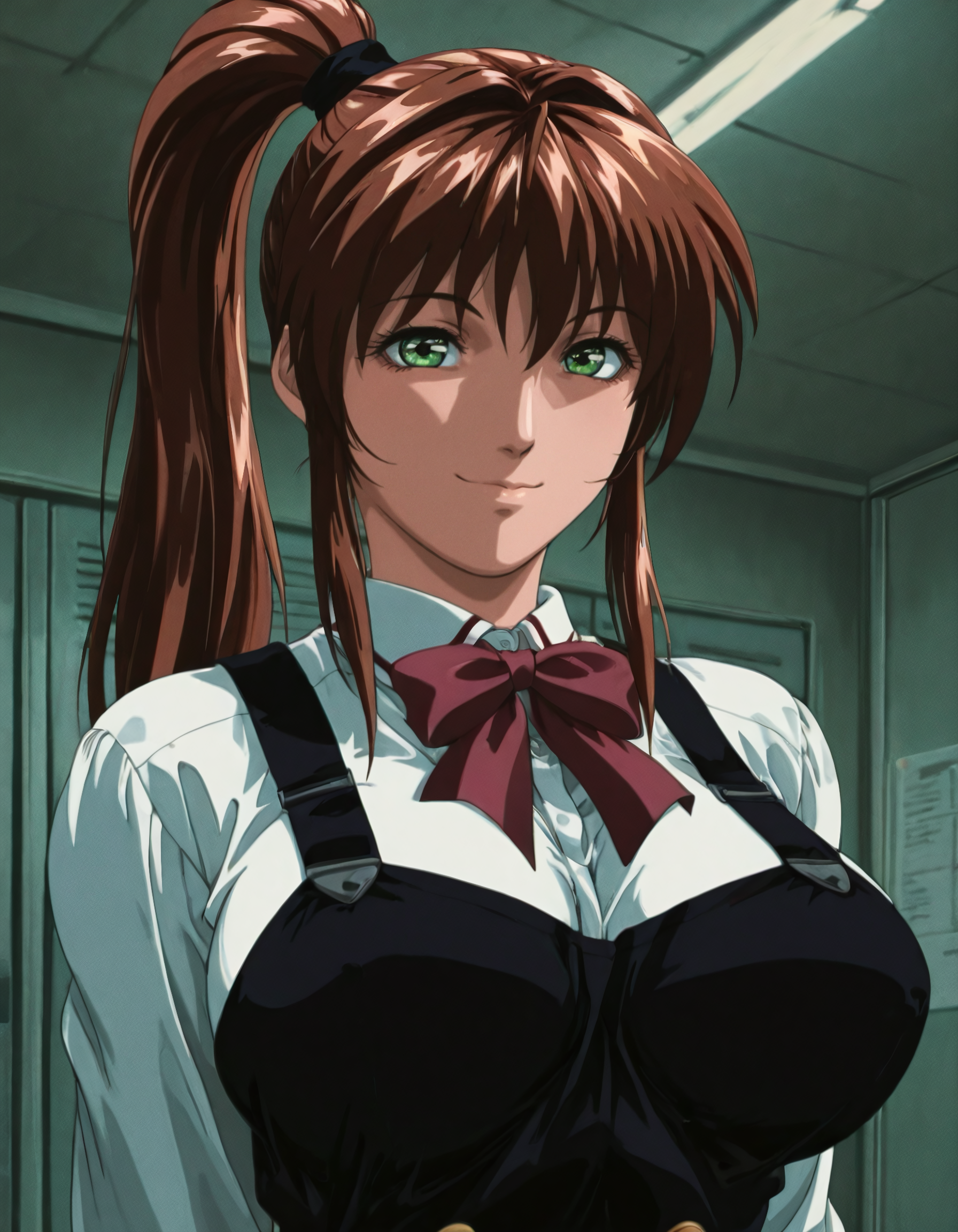 masterpiece,best quality,amazing quality,absurdres, retro_artstyle
1girl, solo, upper body school uniform, green_eyes, brown_hair, maroon bowtie, large_breasts, smile, indoors, ponytail, celshaded flat tints