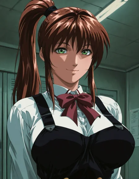 masterpiece,best quality,amazing quality,absurdres, retro_artstyle
1girl, solo, upper body school uniform, green_eyes, brown_hair, maroon bowtie, large_breasts, smile, indoors, ponytail, celshaded flat tints