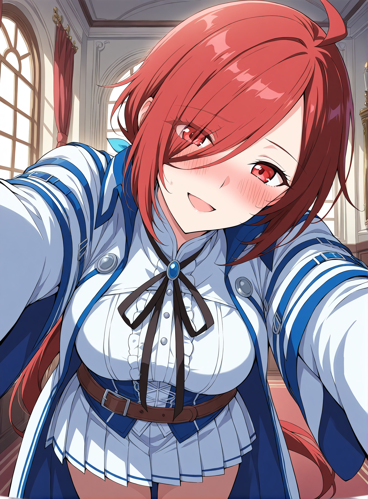 <lora:Xiao_Yu__Battle_Through_the_Heavens__Illustrious2:1>
1girl, solo,  red hair, long hair, long sidebangs, ahoge, low ponytail, hair over one eye, red eyes, anime style, 
white and blue uniform, fantasy outfit, long coat, white pleated mini skirt, high boots, layered clothing, puffy sleeves, black ribbon, waist belt, structured sleeves, large collar, open coat, chest bow, symmetrical outfit, hair loop,
score_9, score_8_up, score_7_up, score_6_up, source_anime, rating_explicit, 1girl, solo, smile, embarrassed, alcalose eyes, open mouth, mansion, indoors, looking at viewer, outstretched arms, pov, close-up, (head tilt:1.2)