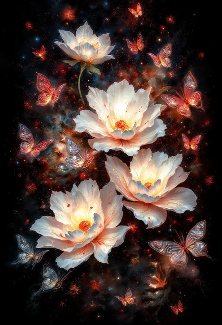 ArsMJStyle, impressionism, Ukiyo-e, A surreal and painterly composition featuring **radiant white flowers** and **dark ethereal butterflies** against a pitch-black background. The flowers exude a sense of purity and holiness. The petals are stained with crimson blood. The butterflies pulse with an otherworldly light, and their wings are traced with intricate patterns.
The atmosphere is enhanced by a dreamy **bokeh effect** that scatters soft glimmers of gold and crimson throughout the composition, creating depth and a sense of quiet wonder. The interplay of **rich white highlights and deep black shadows** evokes an enchanting, almost mystical ambiance. Subtle sparks float in the air, adding a dynamic, surreal quality to the scene.
The overall aesthetic is vivid yet balanced, emphasizing the **contrast between the glowing warmth of the flowers and harshness of the butterflies**. Rendered in **8K ultra-detail**, the textures are hyper-realistic, while the colors glow with an intense vibrancy, embodying an elegant harmony of surreal beauty and luxurious simplicity.