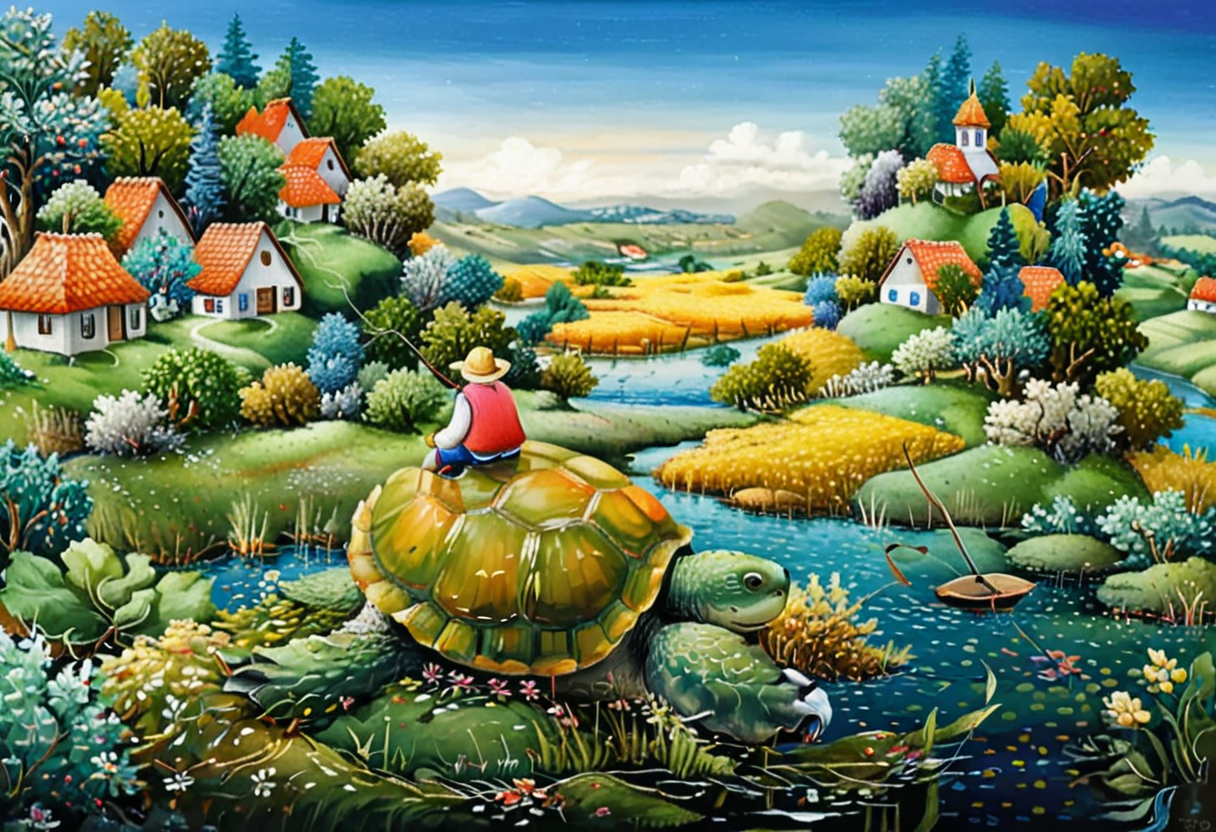 dr4g4n, style of dr4g4n,A whimsical naïve art painting depicting a man fishing on a river while sitting on the back of a giant turtle. The man is dressed in simple rural attire, with a straw hat and a fishing pole in hand, looking calm and focused. The giant turtle is depicted in vibrant, exaggerated proportions with a playful expression, its shell adorned with patterns resembling fields or small patches of vegetation. The river is a rich blue, winding through a rural village, with small, colorful cottages and trees lining the banks. The sky is bright and cheerful, painted in soft, pastel hues. The scene is filled with charming, childlike details, such as birds flying above and small fish visible beneath the water's surface, evoking a magical and serene atmosphere.<lora:dr4g4n:1>,<lora:SDXLFaeTastic2400:0.4> <lora:extremely_detailed:0.4> extremely detailed, Masterpiece,best quality,hi res,8k,hi res,8k,award winning,(sharp focus, intricate, highly detailed),