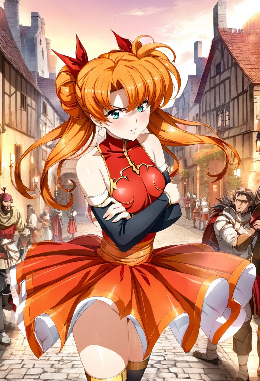 masterpiece,best quality,very aesthetic,absurdres,fantasy,solo,1girl,
<lora:tiaris_v1:1>,tiaris,t_clothes,wand,shiny hair,aqua eyes,red leotard,orange hair,detached sleeves,white mini skirt,white footwear,<lora:Fixhands_anime_bdsqlsz_V1:1>
 , crossed arms, head tilt, blush, angry, shaded face, outdoors, medieval, town, market, sunset, masterpiece,best quality, very aesthetic, absurdres, ultra detailed, high resolution, 4k, extremely detailed CG,