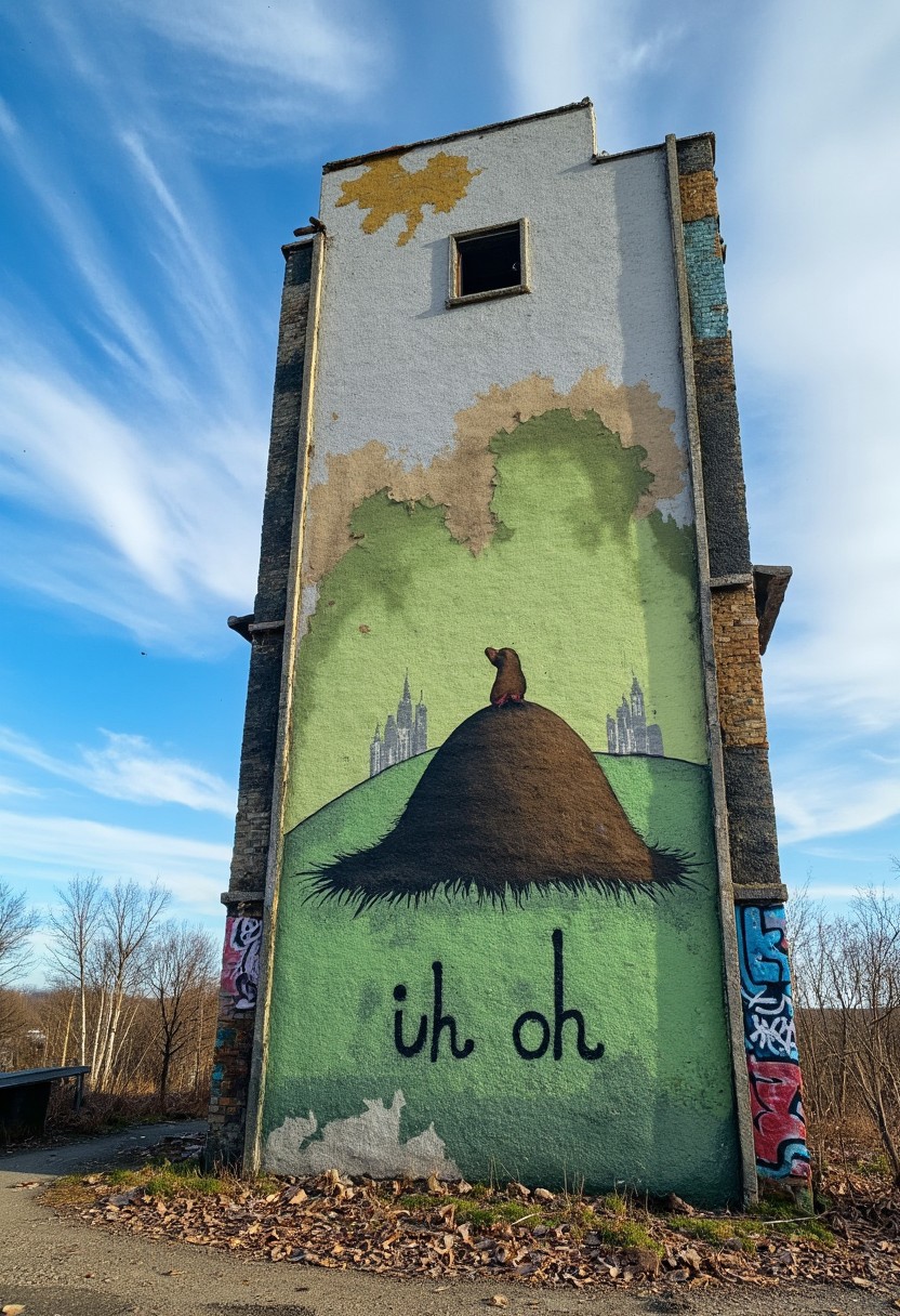 Photograph of an abandoned high-rise building set against a bright blue sky with translucent, wispy clouds. On the building's facade, a massive, weathered graffiti of The little mole stands on his molehill and looks at the dead civilisation stretches across the wall. The graffiti, despite being faded and peeling in places, stands out, still carrying vibrant hints of Green/Grey and brown. The graffiti reach toward the sky, merging with the soft, cloudy background. Below the molehill, the playful message 'uh oh' is scrawled in casual lettering, adding a personal touch to the otherwise grand image. The graffiti seems almost to blend with the sky and clouds, giving the scene a surreal, dreamlike quality, as if the grafittis sky is both part of the wall and the sky itself.