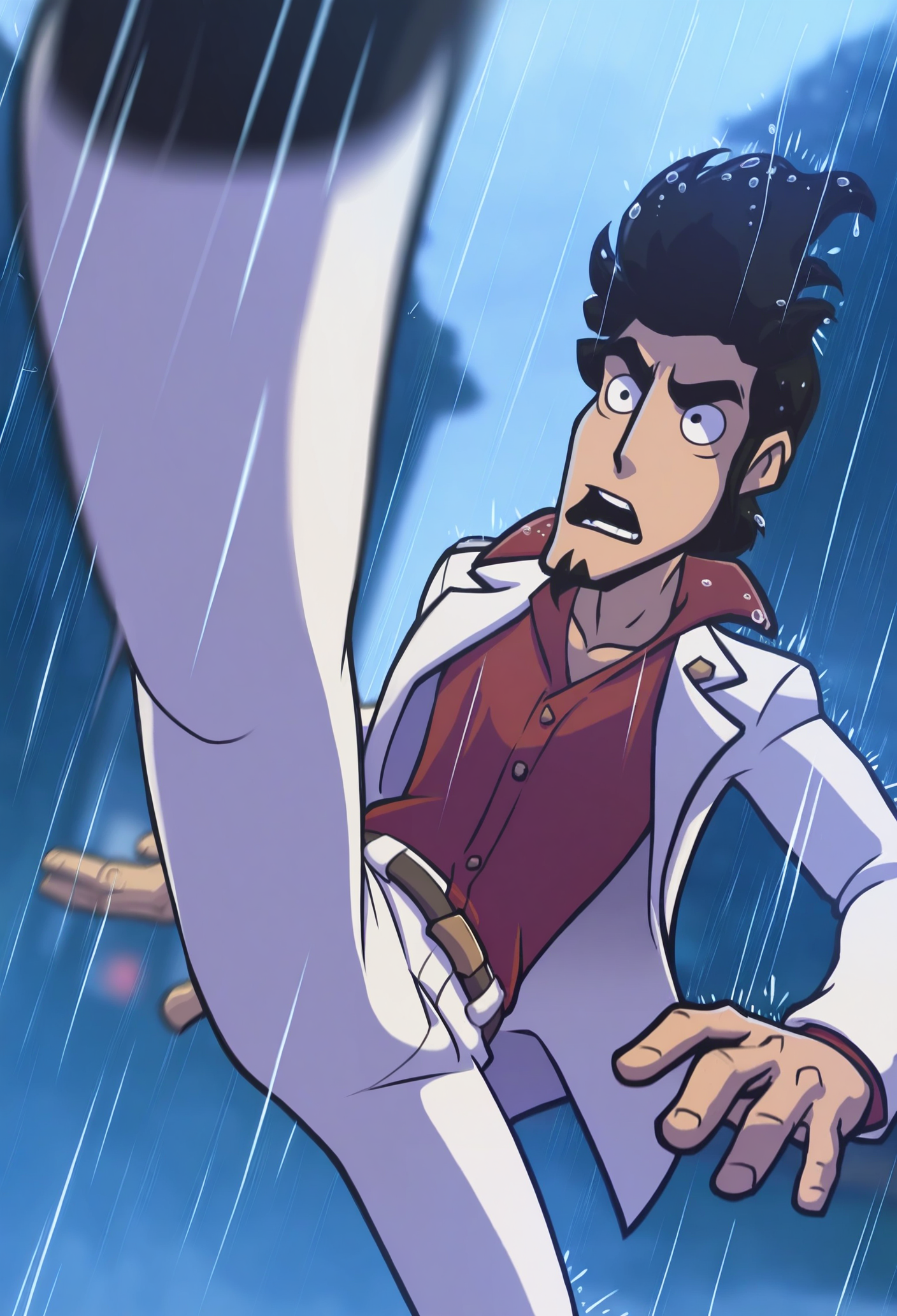 1boy, solo, rain, blurry background, outdoors, kicking, 
black eyes, goatee, black hair, short hair, facial hair, 
red shirt, formal, collared shirt, suit, open clothes, white pants, white jacket, belt, 
masterpiece, best quality, <lora:deponia-guy90-Illustrious-LoraV1:1>, ainped, <lora:KazumaKiryu-guy90-Illust-LoraV1:1>, Kazryu