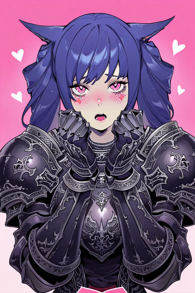 masterpiece, best quality, amazing quality,
<lora:LLAM_IL:1> llam, 1girl, solo, miqo'te, blush, armor, animal ears, open mouth, heart, gauntlets, shoulder armor, upper body, hands up, looking at viewer, bangs, blue hair, pink background