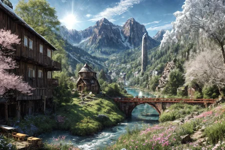 (RAW photo, 8k uhd, Analog style, Masterpiece, Best Quality, Highres:1.4), (dramatic, cinematic:1.2), BREAK,
movie shot of colorful hyperdetailed fantastic fantasy mysterious magic landscape, above clouds, (medieval elven fantasy (village:1.35), (steampunk:1.05) (peasant:1.15) (robots:1.1) (crowd:1.35), playing (little steampunk (girl:1.25):1.1), (farm:1.31), (lake, (river:1.14):1.15), (bridges:1.4), (waterfalls:1.35), (boat:1.4), (dock:1.1), (cliff:1.35), road, (green:1.05) valley, (flowers:1.2), (maple trees:0.65), (green:1.05) (fields:1.3), (fences:1.3), (snowy:1.17) (pines:1.1), (pink:1.0) (flowering tree:1.12):1.22), BREAK,
((mountains:1.22), (futuristic:1.15) (overgrown:1.27) (skyscrapers:1.53) (ruins:1.35), (market, water wheel, castle:1.14), (colorful houses:1.2), birds, stairs, spaceport, ((bright morning sun daylight:1.05) rainbow pure (blue:1.05) sky, glowing:1.05), starry, crescent, meteor, ((fluffy cloud:1.2), godrays, light particles:1.05), various seasons, steam, smokes:1.2), BREAK,
(photorealistic:1.2), (intricate:1.3), (light theme:1.3), (inspiring joyful atmosphere:1.2), (fabulous, fantasy, mysterious, science fiction, post-apocalypse, incredible, amazing, happy, sunny, pastoral:1.2), (hyperdetailed, absurdres:1.2), (colorful, saturated:1.4), colorful lighting, BREAK,
<lora:more_details:1>,