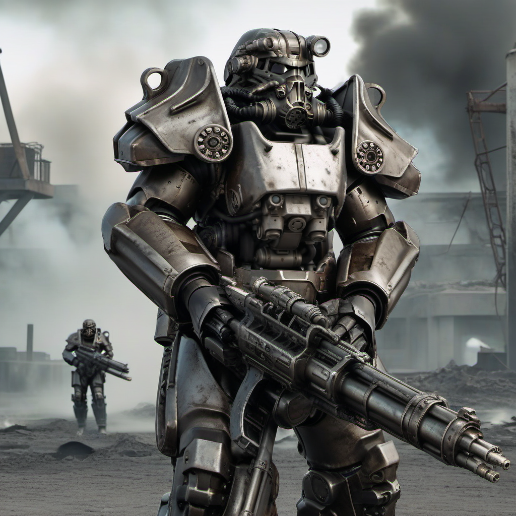 Dystopian style a futuristic armor shots a Gatling gun, Retrofuturism, war, explosions, fires, smoke <lora:Fallout1024:0.8> . Bleak, post-apocalyptic, somber, dramatic, highly detailed