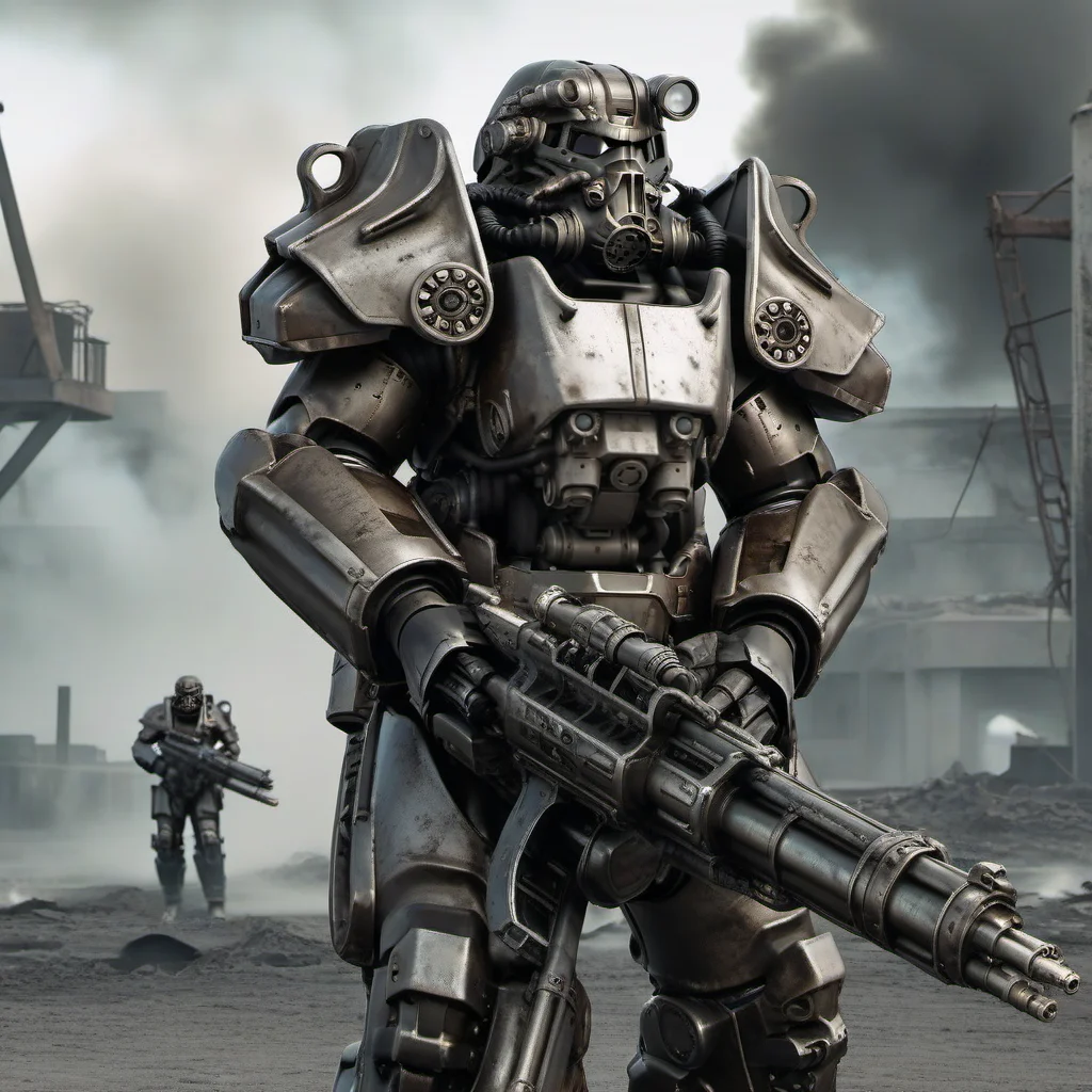 Dystopian style a futuristic armor shots a Gatling gun, Retrofuturism, war, explosions, fires, smoke <lora:Fallout1024:0.8> . Bleak, post-apocalyptic, somber, dramatic, highly detailed