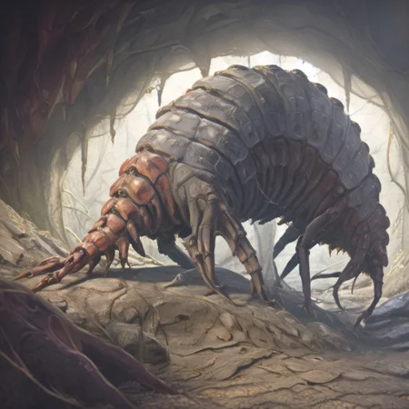 realistic, Dark Fantasy page, Inside a crypt. sluggirl woman,, stone, giant centipede, living mnoster made of stone,