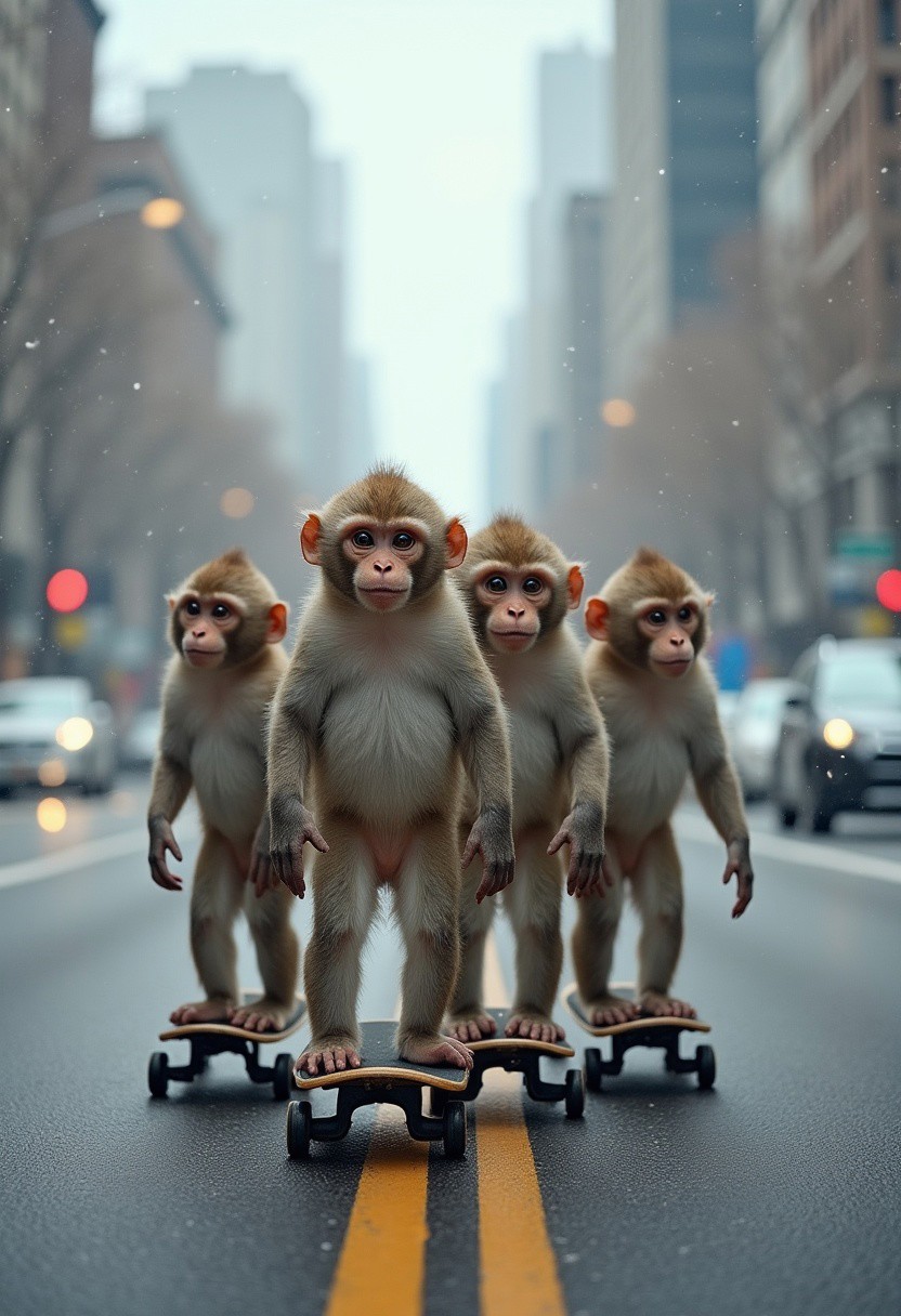 4 monkeys standing on skateboards and driving through city, winter time, they are on road, UHD, high detailed
