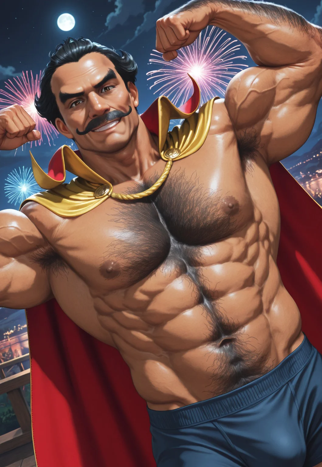 masterpiece, best quality, amazing quality, DioFF7, short hair, black hair, brown eyes, mustache, muscular, mature male, chest hair, hairy, tan skin, cape, topless, dark-blue boxers, upper body, cowboy shot, looking at viewer, smile, dutch angle, dynamic pose, detailed background, night, clouds, moon, bloom, fireworks, flexing, gust of wind, carnival,