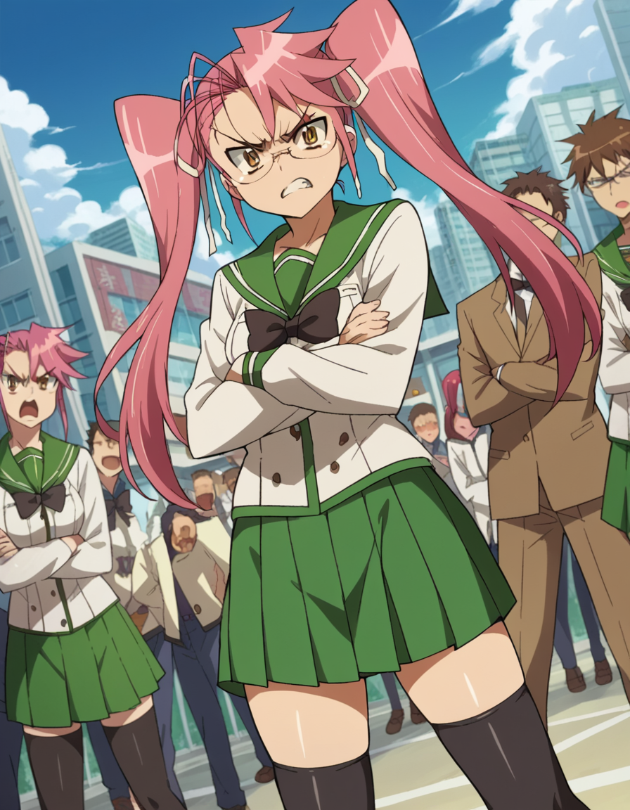 score_9, score_8_up, score_7_up, source_anime,
sayatakagi, <lora:saya-takagi-ponyxl-lora-nochekaiser:1>,
saya takagi, long hair, ribbon, twintails, brown eyes, hair ribbon, pink hair, glasses, angry, shouting,
skirt, thighhighs, school uniform, serafuku, zettai ryouiki, green skirt, bowtie, long sleeves, black thighhighs, black bowtie,
outdoors, cityscape, zombies, crowd, people, crossed arms,
looking at viewer, cowboy shot, dutch angle,