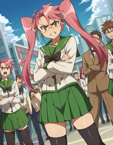 score_9, score_8_up, score_7_up, source_anime,
sayatakagi, <lora:saya-takagi-ponyxl-lora-nochekaiser:1>,
saya takagi, long hair, ribbon, twintails, brown eyes, hair ribbon, pink hair, glasses, angry, shouting,
skirt, thighhighs, school uniform, serafuku, zettai ryouiki, green skirt, bowtie, long sleeves, black thighhighs, black bowtie,
outdoors, cityscape, zombies, crowd, people, crossed arms,
looking at viewer, cowboy shot, dutch angle,