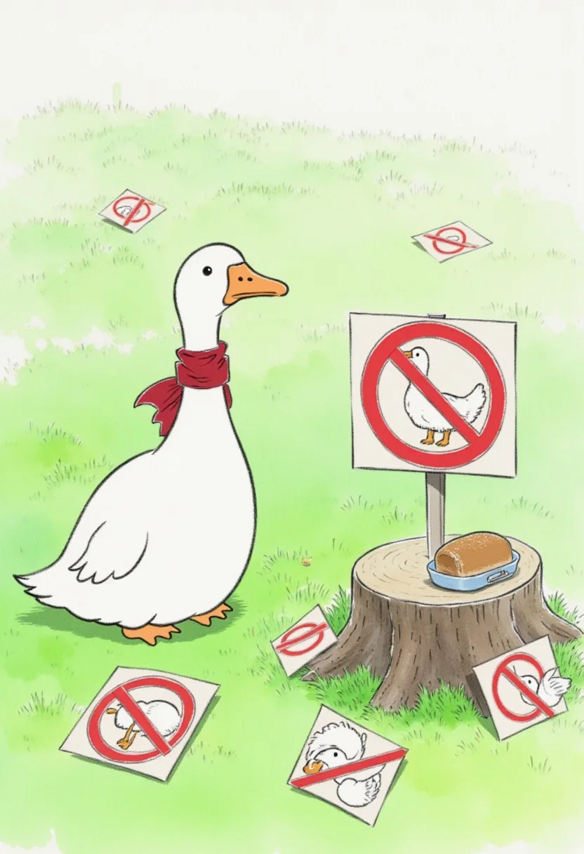 a white goose with a red ribbon tied around its neck, standing next to a tree stump in a humorous outdoor scene. Scattered around on the ground are multiple prohibition signs, each featuring different goose illustrations with a red circle and diagonal slash over them, symbolizing "no goose" zones. The tree stump holds a slice of bread and a lunchbox, adding a playful contrast to the restrictive signs lying haphazardly on the ground. The grassy field and simplified cartoon art style enhance the lighthearted tone of the image. The goose's curious stance and clean white feathers contrast sharply with the red ribbon and prohibition signs. Soft natural lighting highlights the whimsical and ironic atmosphere of the scene.
