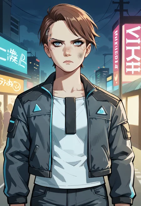 score_9, score_8_up, score_7_up, score_6_up, score_5_up, score_4_up, sketch, 1girl, short hair, brown hair, blue eyes, lips, ragged clothes, jacket, pants, dirty face, frown, outdoors, dingy cyberpunk bar, holding gun, aiming, aiming at viewer, finger on trigger,, frown, neon lights, snowy city