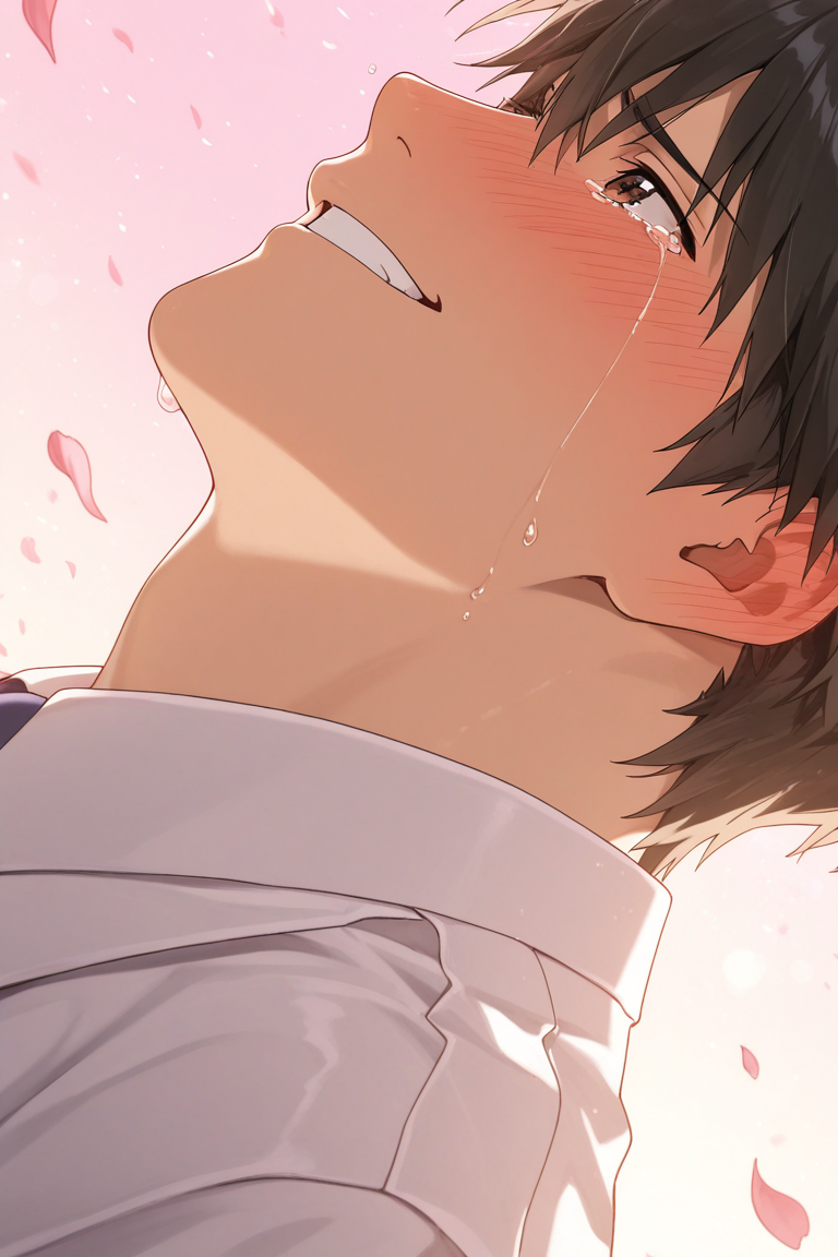 realistic shading, natural lighting, male focus, looking away, expressive face, doujouts, brown_doujouts_eyes, black_doujouts_male hair, 1boy, nose blush, ear blush, blushing, crying, teeth, grinning, happy, shiny skin, groom cosplay, white formal suit, gradient pink sky, bokeh, floating petals, romantic, from side, from below, dutch angle, dynamic angle, intricately detailed illustration, depth of field, masterpiece, best quality, amazing quality, very aesthetic, absurdres, newest, anime screencap