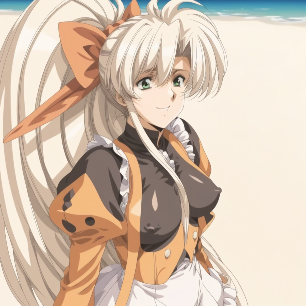 fr0nt1nn0c3ntStyl3, Style: Front Innocent, Artist Style: Urushihara Satoshi, 1girl, masterpiece, highres, high quality, fantasy, score_9, score_8_up, score_7_up, score_6, source_anime, rating_lewd, cowboy shot, mature female, Faye_(Front_Innocent), BREAK, beach, (covered nipples), seductive smile, smile BREAK, , BREAK, Faye, blonde hair,very long hair,high ponytail,very long sidelocks,hair bow,green eyes, dress,black shirt,orange vest,long_sleeves, white skirt,frills, black pantyhose, short boots,