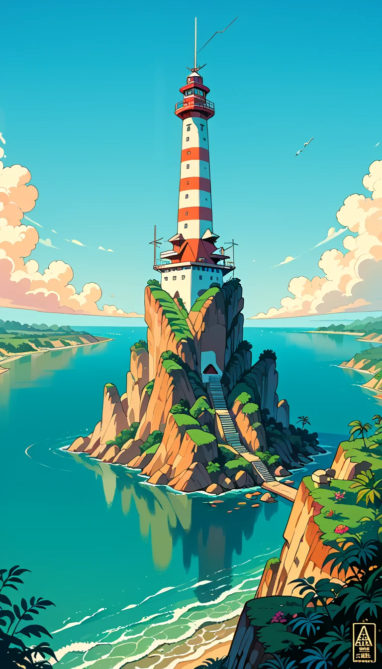score_9, score_8_up, score_7_up, scenic lighthouse perched on a rocky coastline, overlooking the turquoise waters of Cala Ratjada, include vibrant pastel colors, sleek lines, and a retro summer atmosphere, style should be reminiscent of vintage travel posters with a modern twist, depth of field, dynamic angle, sharp, hyperdetailed:1.15