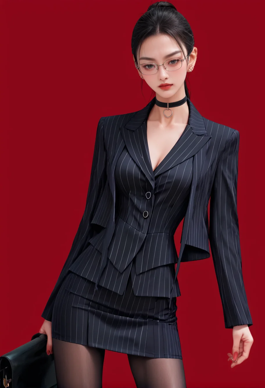 1girl,solo,red background,,ruanyi0856,striped jacket,choker,black pantyhose,glasses,black skirt,pinstripe pattern,
cowboy shot,<lora:0856 OL professional suit skirt 1_v1_pony:1>, score_9,score_8_up,score_7_up,,8k,1girl,solo,,