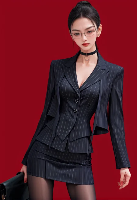 1girl,solo,red background,,ruanyi0856,striped jacket,choker,black pantyhose,glasses,black skirt,pinstripe pattern,
cowboy shot,<lora:0856 OL professional suit skirt 1_v1_pony:1>, score_9,score_8_up,score_7_up,,8k,1girl,solo,,