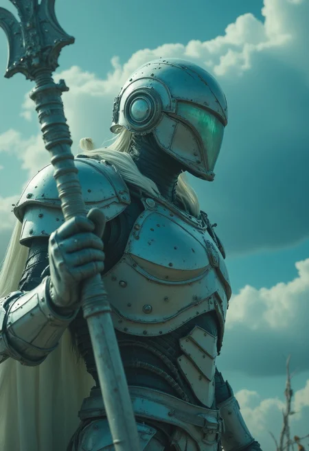 Old photo of an armored elysium war Drone bot, Closeup, bleaked turquoise white ethereal, high contrast, Action Scene, Holding an luminous orb staff,
